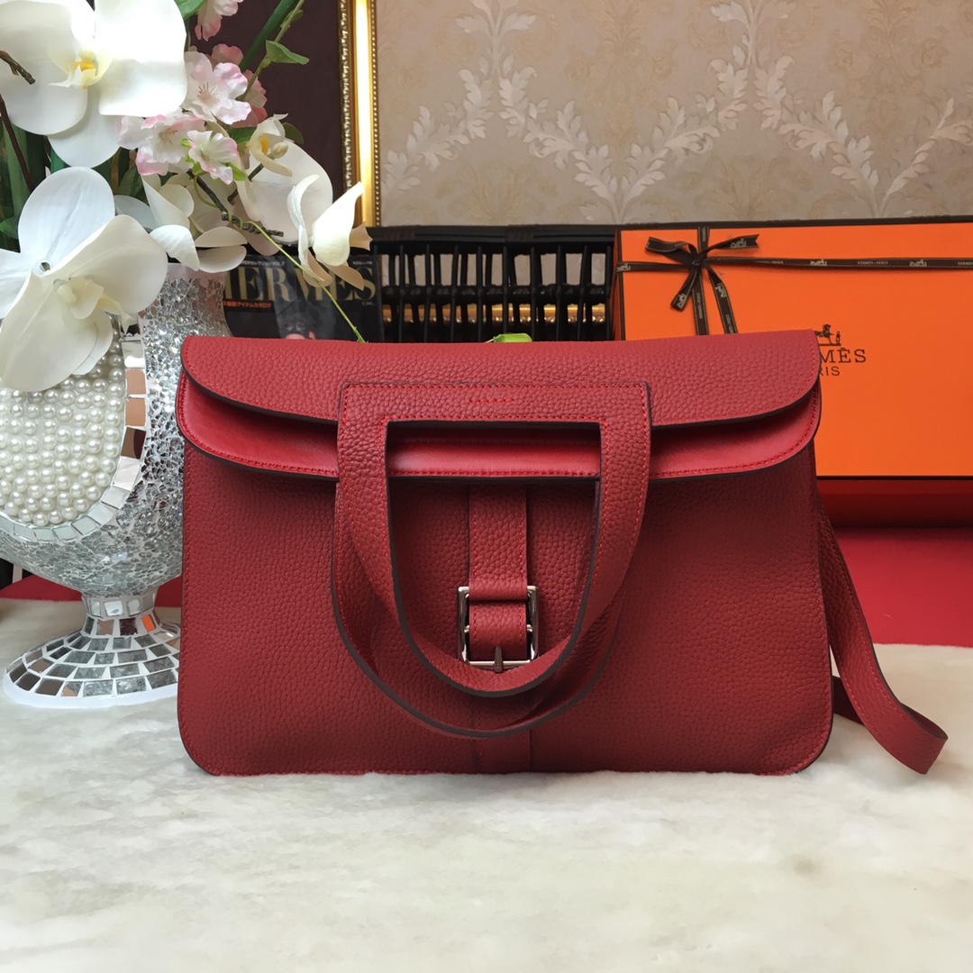 Hermes Halzan 31 Handbag Shoulder Bag In Burgundy Clemence Leather